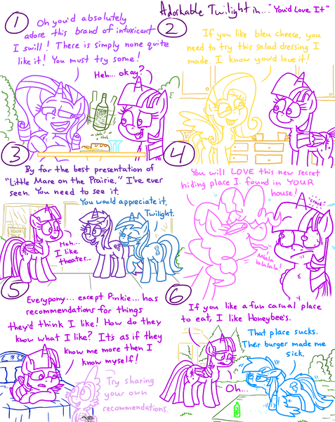 Size: 4779x6013 | Tagged: safe, artist:adorkabletwilightandfriends, derpibooru import, amethyst star, fluttershy, minuette, pinkie pie, rainbow dash, rarity, spike, twilight sparkle, twilight sparkle (alicorn), alicorn, comic:adorkable twilight and friends, adorkable, adorkable twilight, alcohol, bedroom, bottle, bread, cabinet, comic, creepy, creepy smile, cup, cute, dork, exercise, food, friendship, humor, image, lying down, mug, png, push-ups, relatable, relationship, restaurant, sidewalk, sitting, slice of life, smiling, suggestion, tongue out, window, wine, wine bottle, wing-ups