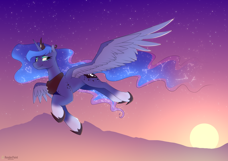 Size: 7017x4960 | Tagged: safe, artist:renderpoint, derpibooru import, princess luna, alicorn, pony, coat markings, constellation hair, ethereal mane, female, flying, g4, image, jewelry, mare, peytral, png, sky, smiling, socks (coat marking), solo, starry mane, stars, sunset, tiara