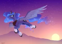 Size: 7017x4960 | Tagged: safe, artist:renderpoint, derpibooru import, princess luna, alicorn, pony, coat markings, constellation hair, ethereal mane, female, flying, g4, image, jewelry, mare, peytral, png, sky, smiling, socks (coat marking), solo, starry mane, stars, sunset, tiara