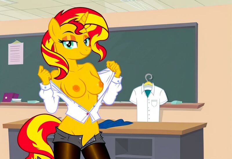 Size: 1216x832 | Tagged: questionable, ai content, machine learning generated, stable diffusion, sunset shimmer, anthro, unicorn, beckoning, blouse, busty sunset shimmer, classroom, clothes, exhibitionism, exposed breasts, flirty, image, inviting, jpeg, nudity, pantyhose, pinup, schoolgirl, seductive pose, sexy, shorts, smiling, solo, standing, stripping, striptease, unbuttoned, undressing