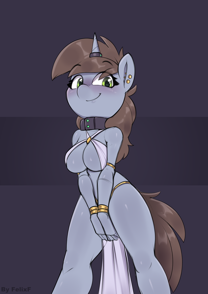 Size: 2480x3508 | Tagged: questionable, artist:felixf, derpibooru import, oc, oc:littlepip, anthro, fallout equestria, anthro oc, blazing sands of zebrika universe, breasts, female, harem outfit, horn, horn ring, image, jewelry, png, ring, sex slave, slave, solo, solo female, zebra supremacy