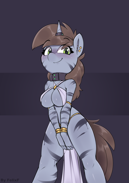 Size: 2480x3508 | Tagged: questionable, alternate version, artist:felixf, derpibooru import, oc, oc:littlepip, anthro, fallout equestria, anthro oc, blazing sands of zebrika universe, breasts, female, horn, horn ring, image, jewelry, png, ring, sex slave, slave, solo, solo female, striped, stripes, zebra supremacy, zebradom