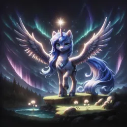Size: 5312x5312 | Tagged: safe, ai content, artist:adorablebluefox, derpibooru import, machine learning assisted, princess luna, alicorn, pony, absurd resolution, aurora borealis, backlighting, beautiful, chest fluff, cute, detailed, detailed background, ear fluff, ethereal mane, feathered wings, female, flower, fluffy, forest, full body, g4, glow, glowing horn, grass, hoof fluff, horn, image, jewelry, lake, looking at you, lunabetes, mare, nature, night, outdoors, png, pretty, raised hoof, regalia, rock, scenery, scenery porn, sky, smiling, solo, spread wings, standing, starry mane, starry night, starry tail, stars, tail, tiara, tree, water, wing fluff, wings