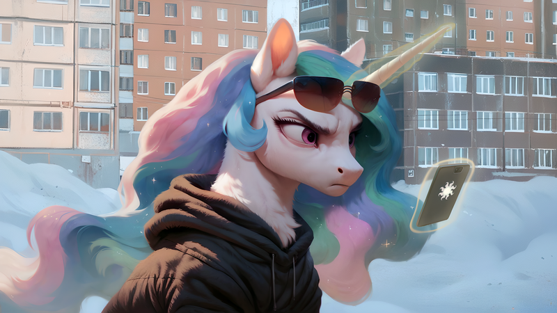 Size: 2560x1440 | Tagged: safe, ai content, artist:dovakkins, derpibooru import, machine learning assisted, machine learning generated, stable diffusion, princess celestia, alicorn, pony, celestia is not amused, chest fluff, clothes, derpibooru exclusive, ear fluff, female, g4, generator:pony diffusion v6 xl, hoodie, image, looking at something, magic, magic aura, mare, mobile phone, phone, png, slavic, smartphone, snow, solo, sunglasses, sunglasses on head, unamused, wavy mane, winter