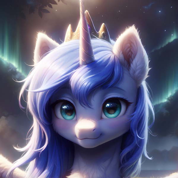 Size: 1280x1280 | Tagged: safe, ai content, alternate version, artist:adorablebluefox, derpibooru import, machine learning assisted, princess luna, alicorn, pony, aurora borealis, beautiful, chest fluff, close-up, cute, derpibooru exclusive, detailed, detailed background, ear fluff, female, fluffy, g4, horn, image, jewelry, looking at you, lunabetes, mare, nature, night, outdoors, png, pretty, sky, smiling, solo, stars, tiara, tree