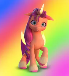 Size: 1920x2113 | Tagged: safe, artist:fynamic, derpibooru import, sunny starscout, alicorn, g5, my little pony: a new generation, female, gradient background, horn, image, png, race swap, rainbow background, sunnycorn, wings