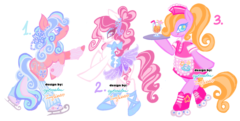 Size: 2048x1038 | Tagged: safe, artist:eyerealm, artist:junglicious64, derpibooru import, oc, unofficial characters only, earth pony, pony, adoptable, arm warmers, ballerina, ballet slippers, bipedal, blue eyes, blue mane, blue tail, blush sticker, blushing, clothes, colored eyelashes, colored pupils, curly mane, curly tail, diner uniform, earth pony oc, eyelashes, eyeshadow, for sale, glass, hair bun, hat, headpiece, heart, heart eyes, hoof hold, ice skates, image, juice, leg warmers, long mane, long tail, looking back, makeup, multicolored mane, multicolored tail, neck bow, open mouth, open smile, orange mane, orange tail, pink coat, pink mane, pink tail, plate, png, ponytail, purple eyes, roller skates, simple background, skates, skirt, smiling, starry eyes, tail, tied mane, tongue out, trio, two toned mane, two toned tail, waitress, watermark, white background, white coat, wingding eyes