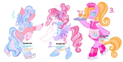 Size: 2048x1038 | Tagged: safe, artist:eyerealm, artist:junglicious64, derpibooru import, oc, unofficial characters only, earth pony, pony, adoptable, arm warmers, ballerina, ballet slippers, bipedal, blue eyes, blue mane, blue tail, blush sticker, blushing, clothes, colored eyelashes, colored pupils, curly mane, curly tail, diner uniform, earth pony oc, eyelashes, eyeshadow, for sale, glass, hair bun, hat, headpiece, heart, heart eyes, hoof hold, ice skates, image, juice, leg warmers, long mane, long tail, looking back, makeup, multicolored mane, multicolored tail, neck bow, open mouth, open smile, orange mane, orange tail, pink coat, pink mane, pink tail, plate, png, ponytail, purple eyes, roller skates, simple background, skates, skirt, smiling, starry eyes, tail, tied mane, tongue out, trio, two toned mane, two toned tail, waitress, watermark, white background, white coat, wingding eyes