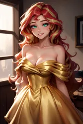 Size: 1024x1536 | Tagged: safe, ai content, derpibooru import, editor:sammykun, machine learning generated, sunset shimmer, human, beautiful, big breasts, breasts, busty sunset shimmer, cleavage, clothes, dress, female, g4, generator:yodayo, gold, humanized, image, long hair, looking at you, png, prompter:sammykun, satin, shoulderless, sleeveless, smiling, solo, teeth, window