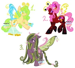 Size: 2048x1849 | Tagged: safe, artist:eyerealm, artist:junglicious64, derpibooru import, oc, unofficial characters only, butterfly, butterfly pony, hybrid, insect, pony, adoptable, antennae, braid, braided tail, butterfly wings, clothes, coat markings, colored eyelashes, colored wings, cream coat, cup, curly eyelashes, curly mane, curly tail, filigree, for sale, frown, green mane, green tail, hair accessory, hair bun, hoof hold, image, leg warmers, lidded eyes, long mane, long tail, looking back, multicolored wings, pink eyes, pink mane, pink tail, png, profile, purple coat, purple eyes, raised hoof, raised leg, rearing, red coat, shoes, smiling, socks (coat marking), spread wings, standing, straight mane, tail, teacup, tied mane, tied tail, transparent wings, trio, two toned mane, two toned tail, unusual pupils, wingding eyes, wings, yellow eyes