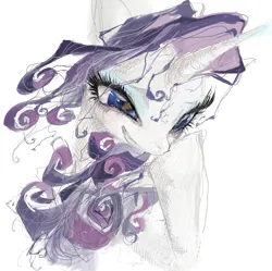 Size: 1513x1504 | Tagged: safe, artist:eyerealm, derpibooru import, rarity, pony, unicorn, blue eyes, bust, crosshatch, curly mane, digital painting, eye clipping through hair, eyeshadow, female, g4, horn, image, lidded eyes, makeup, mare, messy mane, png, purple mane, raised hoof, simple background, smiling, solo, stylized, unicorn horn, white background, wingding eyes