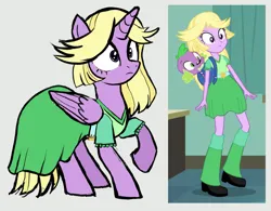 Size: 1293x1008 | Tagged: safe, artist:catachromatic, derpibooru import, spike, twilight sparkle, twilight sparkle (alicorn), alicorn, dog, human, pony, equestria girls, backpack, backpack spike, black outlines, blonde hair, clothes, colored sketch, disguise, dress, duo, duo male and female, equestria girls interpretation, female, folded wings, g4, human female, image, male, mare, my little pony equestria girls, png, ponies wearing clothing, raised hoof, scene interpretation, screencap reference, shirt, sketch, spike the dog, surprised, twilight strong, wig, wing hole, wings