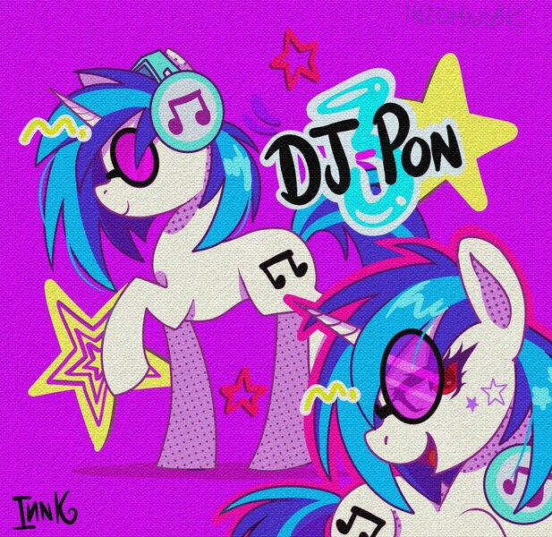 Size: 1600x1556 | Tagged: safe, artist:inzomniak, derpibooru import, vinyl scratch, pony, unicorn, bust, emanata, female, g4, glasses, headphones, horn, image, jpeg, looking at you, mare, name, open mouth, open smile, outline, purple background, raised hoof, shadow, signature, simple background, smiling, smiling at you, solo, stars, sticker, text, vinyl's glasses, walking
