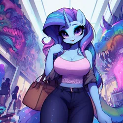 Size: 1024x1024 | Tagged: safe, ai content, derpibooru import, machine learning generated, oc, unofficial characters only, anthro, unicorn, adorasexy, bag, beautiful, big breasts, breasts, busty oc, cleavage, clothes, creature, curvy, cute, female, handbag, horn, huge breasts, image, jpeg, looking at you, looking down, looking down at you, mall, midriff, monster, not rarity, open mouth, pants, prompter:horselover fat, sexy, shopping, short shirt, smiling, solo, standing, surreal, tanktop, unicorn oc, walking, weird