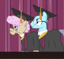 Size: 706x658 | Tagged: safe, derpibooru import, screencap, apple bloom, aquamarine robe, rosy sapphire, scootaloo, sweetie belle, pony, growing up is hard to do, being big is all it takes, cutie mark crusaders, female, g4, graduation cap, hat, image, male, mare, png, stallion