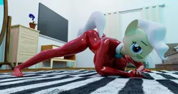 Size: 1200x633 | Tagged: suggestive, artist:insany3d, ponerpics import, mayor mare, anthro, 3d, bodysuit, breasts, clothes, feet, female, glasses, gloves, image, jpeg, latex, latex suit, stretching, yoga