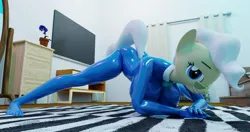 Size: 1200x633 | Tagged: suggestive, artist:insany3d, ponerpics import, mayor mare, anthro, 3d, bodysuit, breasts, clothes, feet, female, glasses, gloves, image, jpeg, latex, latex suit, stretching, yoga