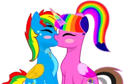 Size: 1831x1227 | Tagged: safe, artist:shieldwingarmorofgod, derpibooru import, oc, oc:rainbow sparkle, oc:shield wing, unofficial characters only, eyes closed, female, g4, image, kissing, male, png, shipping, simple background, straight, transparent background