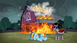 Size: 1279x720 | Tagged: artist needed, semi-grimdark, anonymous artist, artist:givralix, artist:legat-bf, derpibooru import, edit, edited screencap, screencap, king sombra, rainbow dash, pegasus, pony, 28 pranks later, bad end, barn, burning, crying, duo, fanfic in the description, female, fire, g4, image, male, mare, png, prank gone wrong, reference, reference in the description, smoke, story included, sweet apple acres, the lion king
