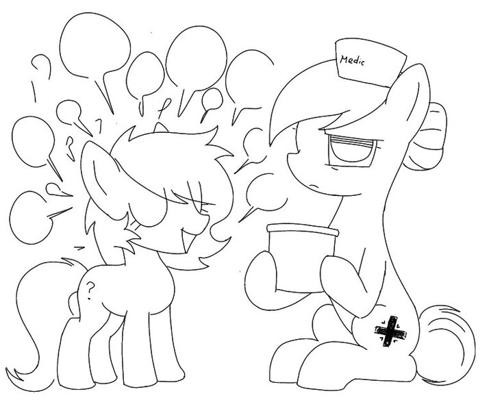 Size: 762x640 | Tagged: safe, artist:omelettepony, ponerpics import, nurse redheart, oc, oc:anonfilly, earth pony, pony, coffee, coffee pot, eyes closed, female, filly, hat, image, jpeg, mare, monochrome, open mouth, sitting, speech bubble, tired
