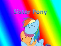 Size: 960x720 | Tagged: artist needed, safe, anonymous artist, artist:machstyle, derpibooru import, rainbow dash, scootaloo, pegasus, pony, ^^, brother bear, cute, cutealoo, daaaaaaaaaaaw, dashabetes, duo, eyes closed, female, filly, foal, hug, image, mare, png, poster, poster parody, rainbow background, reference, scootadoption, scootalove, siblings, sisters, smiling, song in the description, wholesome, winghug, wings