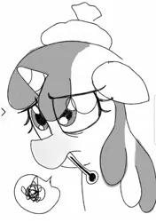 Size: 1080x1531 | Tagged: safe, artist:datte-before-dawn, ponerpics import, oc, oc:righty tighty, unofficial characters only, pony, unicorn, bust, eye clipping through hair, female, grayscale, horn, ice pack, image, jpeg, mare, monochrome, sick, solo, thermometer, unicorn oc