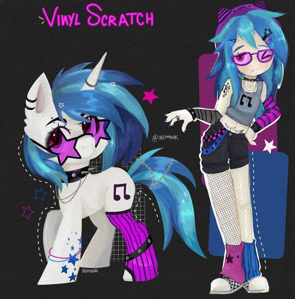 Size: 2034x2062 | Tagged: safe, artist:inzomniak, derpibooru import, vinyl scratch, human, pony, unicorn, equestria girls, alternate design, alternate hairstyle, arm warmers, beanie, belly button, belly piercing, black background, bracelet, bridge piercing, choker, clothes, colored eyebrows, colored pinnae, converse, ear fluff, ear piercing, earring, emanata, eyebrow piercing, eyebrows, eyelashes, female, fishnets, g4, glasses, glowstick, grid, hairclip, hat, high res, horn, horn ring, image, jewelry, jpeg, leg warmers, lip piercing, looking at you, mare, name, necklace, one eye closed, outline, painted nails, piercing, raised hoof, ring, self paradox, self ponidox, shoes, shorts, signature, simple background, smiling, smiling at you, sparkles, spiked choker, spiked wristband, standing, stars, sticker, tanktop, tattoo, text, turned head, wall of tags, wink, winking at you, wristband