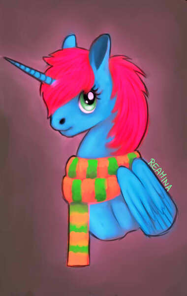 Size: 400x632 | Tagged: safe, artist:reamina, derpibooru import, oc, oc:fizzy comet, alicorn, pony, bust, clothes, female, image, jpeg, mare, portrait, scarf, solo