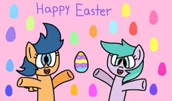 Size: 1284x760 | Tagged: safe, artist:gillianthecreator36, first base, earth pony, pegasus, pony, adorabase, arms in the air, aura (g4), aurabetes, best friends, cheerful, cute, duo, easter, easter egg, egg, excited, female, filly, g4, hands in the air, happy, happy easter, holiday, image, open mouth, open smile, pegasus first base, pink background, png, race swap, simple background, wind, windswept hair, windswept mane