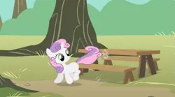 Size: 1301x725 | Tagged: safe, derpibooru import, screencap, sweetie belle, pony, unicorn, the show stoppers, female, g4, horn, image, picnic table, png, solo, sweepy belle, table