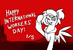 Size: 1822x1238 | Tagged: safe, artist:moonatik, derpibooru import, oc, oc:moonatik, unofficial characters only, pegasus, pony, goggles, goggles on head, hair bun, image, international workers' day, limited palette, male, may day, one eye closed, pegasus oc, png, politics, raised hoof, smiling, solo, stallion, wings, wink