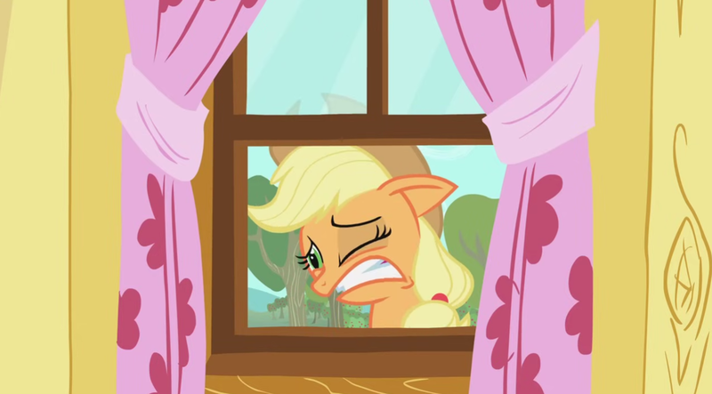 Size: 1303x722 | Tagged: safe, derpibooru import, screencap, applejack, pony, the show stoppers, female, g4, gritted teeth, image, one eye closed, png, solo, teeth
