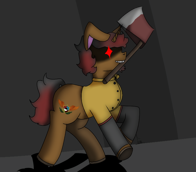 Size: 1440x1266 | Tagged: safe, artist:sp3ctrum-ii, artist:thomas.senko, derpibooru import, oc, oc:paul, pony, unicorn, axe, black background, black hair, bunny ears, clothes, horn, image, male, png, red hair, simple background, smiling, solo, stallion, weapon