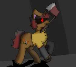 Size: 1440x1266 | Tagged: safe, artist:sp3ctrum-ii, artist:thomas.senko, derpibooru import, oc, oc:paul, pony, unicorn, axe, black background, black hair, bunny ears, clothes, horn, image, male, png, red hair, simple background, smiling, solo, stallion, weapon