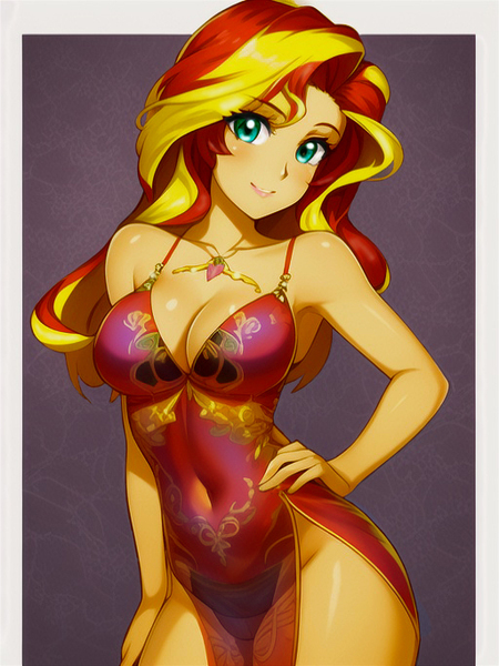 Size: 512x682 | Tagged: suggestive, ai content, derpibooru import, editor:masterdarhil, machine learning generated, sunset shimmer, equestria girls, bare shoulders, breasts, busty sunset shimmer, cheongsam, chinese dress, cleavage, clothes, dress, female, g4, image, jewelry, jpeg, looking at you, necklace, photoshop, prompter:sammykun, recolor, see-through, sexy, sleeveless, solo, stupid sexy sunset shimmer, sultry pose