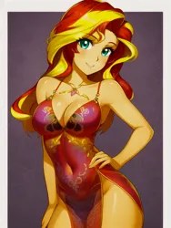 Size: 512x682 | Tagged: suggestive, ai content, derpibooru import, editor:masterdarhil, machine learning generated, sunset shimmer, equestria girls, bare shoulders, breasts, busty sunset shimmer, cheongsam, chinese dress, cleavage, clothes, dress, female, g4, image, jewelry, jpeg, looking at you, necklace, photoshop, prompter:sammykun, recolor, see-through, sexy, sleeveless, solo, stupid sexy sunset shimmer, sultry pose