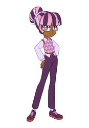 Size: 1640x2360 | Tagged: safe, artist:dreamscreep, derpibooru import, twilight sparkle, human, equestria girls, bangs, clothes, female, g4, glasses, hair bun, humanized, image, multicolored hair, pants, png, redesign, scrunchie, shirt, shoes, socks, solo, solo female, sweater vest