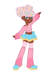 Size: 1640x2360 | Tagged: safe, artist:dreamscreep, derpibooru import, pinkie pie, human, equestria girls, bangs, blue eyes, clothes, curly hair, food, g4, humanized, image, leg warmers, miniskirt, pigtails, pink hair, png, redesign, shoes, short shirt, skirt, sneakers, solo, sprinkles, sweater, thigh socks, tutu
