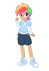 Size: 1640x2360 | Tagged: safe, artist:dreamscreep, derpibooru import, rainbow dash, human, equestria girls, bandaid, bandaid on nose, cargo shorts, clothes, ear piercing, earring, eyebrow piercing, g4, humanized, image, jewelry, multicolored hair, piercing, png, ponytail, rainbow hair, redesign, shirt, shoes, shorts, sneakers, socks, solo, t-shirt, tomboy