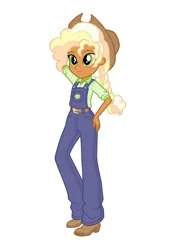 Size: 1640x2360 | Tagged: safe, artist:dreamscreep, derpibooru import, applejack, human, equestria girls, belt, blonde hair, boots, braid, braided ponytail, clothes, cowboy hat, curly hair, freckles, g4, hat, humanized, image, overalls, png, ponytail, redesign, shirt, shoes, solo