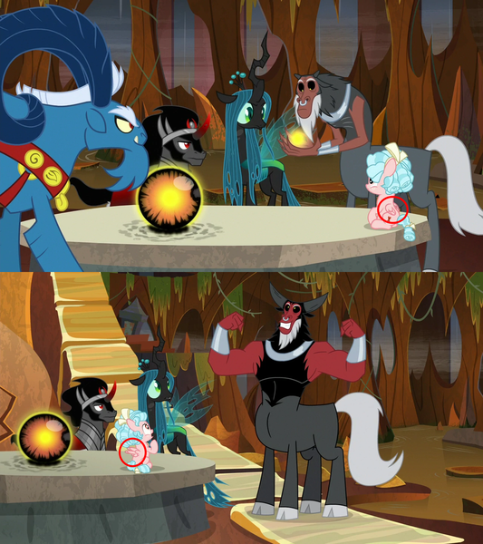 Size: 1280x1440 | Tagged: safe, derpibooru import, edit, edited screencap, screencap, cozy glow, grogar, king sombra, lord tirek, queen chrysalis, centaur, changeling, changeling queen, pegasus, sheep, taur, unicorn, the beginning of the end, before and after, crystal ball, female, g4, horn, image, magic, male, png, ram, ship:cozirek, shipping, spread wings, straight, wingboner, wings
