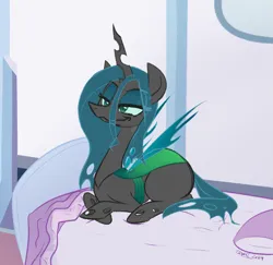 Size: 1107x1075 | Tagged: safe, artist:furseiseki, derpibooru import, queen chrysalis, changeling, changeling queen, bed, bedroom, bedroom eyes, bugbutt, butt, female, feral, g4, image, png, smug, solo, solo female