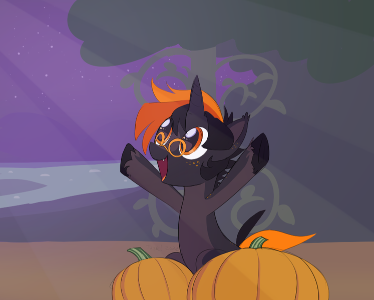 Size: 908x729 | Tagged: safe, artist:furseiseki, derpibooru import, oc, oc:hijinx, unofficial characters only, bat pony, bat pony unicorn, hybrid, pony, unicorn, coat markings, ear fluff, facial markings, fangs, freckles, glasses, horn, image, night, nightmare night, png, pumpkin, solo