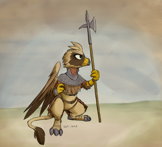 Size: 1106x1002 | Tagged: safe, derpibooru import, oc, oc:serilde, unofficial characters only, gryphon, armor, chainmail, female, gambeson, griffon oc, halberd, image, png, polearm, solo, weapon