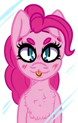 Size: 555x873 | Tagged: safe, artist:lazerblues, derpibooru import, pinkie pie, earth pony, pony, blushing, chest fluff, glass, image, looking at you, png, solo