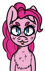 Size: 555x873 | Tagged: safe, alternate version, artist:lazerblues, derpibooru import, pinkie pie, earth pony, pony, blushing, chest fluff, image, looking at you, png, simple background, solo, tongue out, transparent background