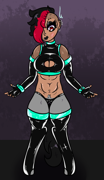 Size: 1056x1830 | Tagged: suggestive, artist:lazerblues, derpibooru import, oc, oc:bella, unofficial characters only, hybrid, satyr, black lipstick, clothes, gloves, hybrid oc, image, latex, latex gloves, latex socks, latex suit, lipstick, parent:oc:miss eri, png, socks, solo