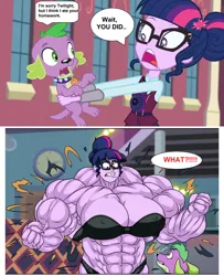 Size: 3408x4192 | Tagged: suggestive, artist:atariboy2600, artist:bluecarnationstudios, derpibooru import, edit, edited screencap, screencap, sci-twi, spike, twilight sparkle, comic:the amazonian effect, comic:the amazonian effect iii, equestria girls, angry, bra, clothes, female, flexing, g4, growth, image, jpeg, meme, muscle expansion, muscle growth, muscles, muscular female, overdeveloped muscles, rage, rage face, sci-twi muscle, twilight muscle, underwear