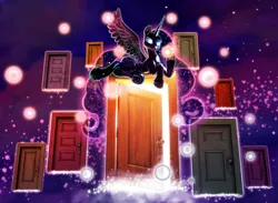 Size: 3253x2384 | Tagged: safe, artist:harwick, derpibooru import, tantabus, alicorn, commission, door, dream doors, dreamscape, fanfic art, g4, high res, image, jpeg, looking at you, solo, spread wings, wings