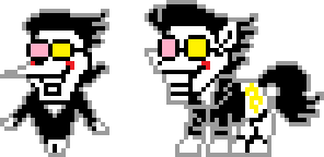 Size: 296x144 | Tagged: safe, artist:creepa-bot inc., derpibooru import, ponified, earth pony, pony, black hair, deltarune, glasses, image, pixel art, png, puppet, smiling, solo, spamton, style emulation